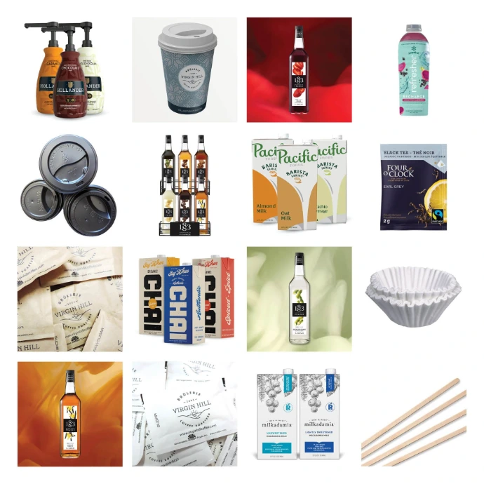 Mosaic of items available in distribution Virgin Hill product catalogue