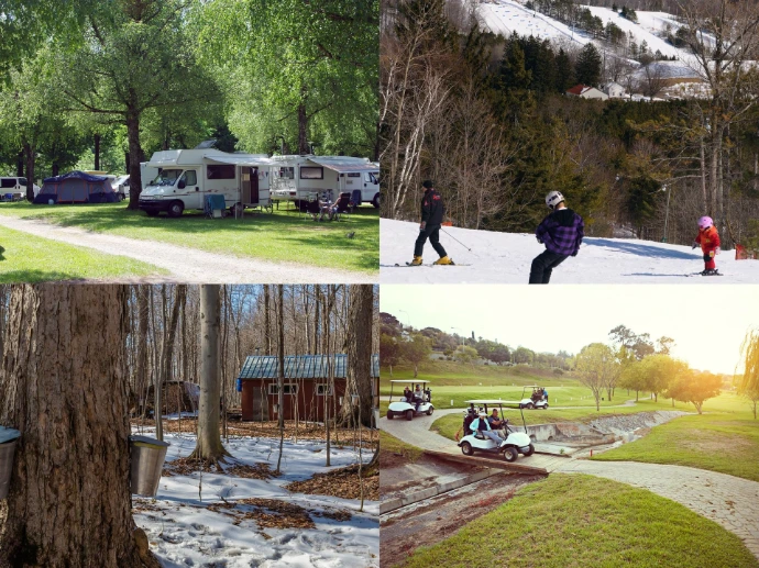 Image de camping, ski, cabane à sucre, et golf