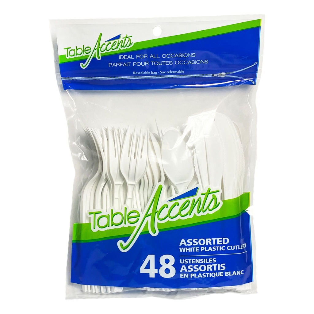 [5634252] Ustensiles en plastique blanc assortis 48 pièces (36 unités)